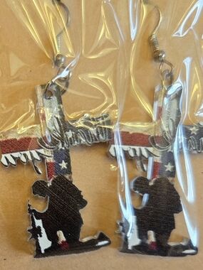 Patriotic Cross & Soldier Kneeling Earrings - Red, White & Blue